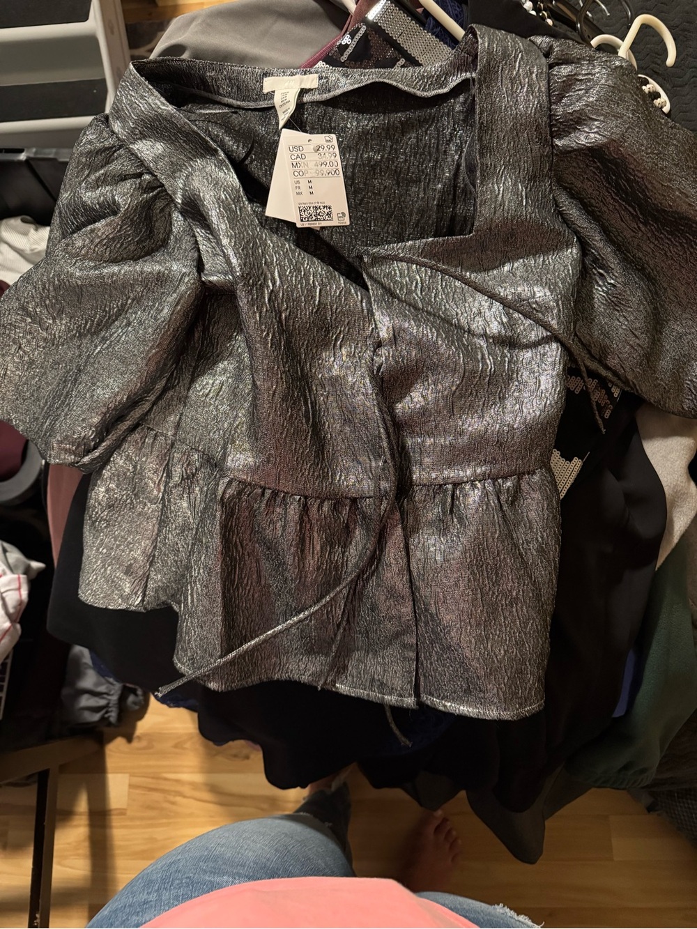 H&M Metallic Silver Wrap Peplum Jacket